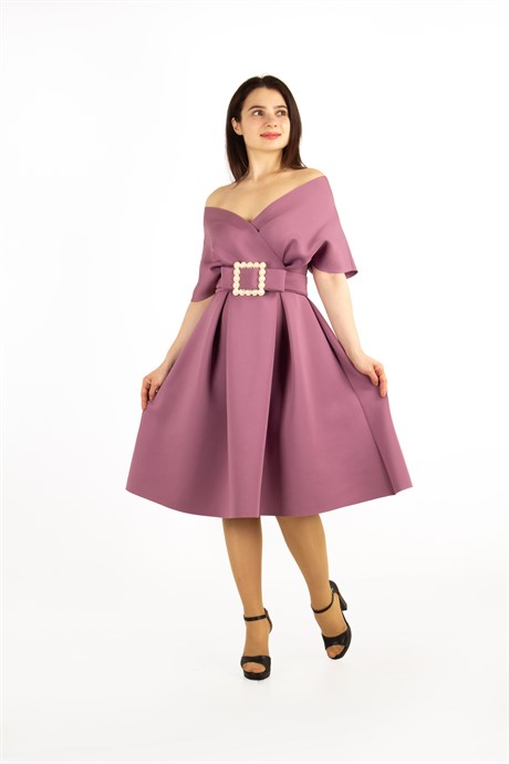 V- Neck Flare Scuba Dress With Pearl Belt - Rusy Rose