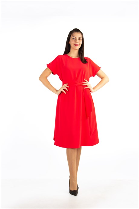 Waist Tie Flare Plain Midi Big Size Dress - Red