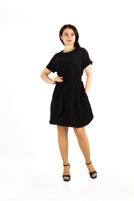 Waist Tie Flare Plain Mini Dress - Black